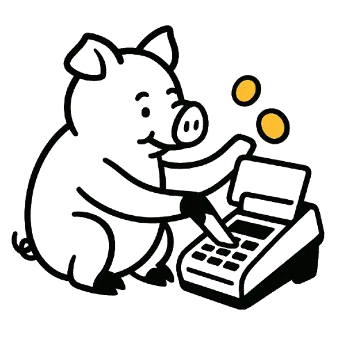 Possu k&auml;ytt&auml;&auml; kassakonetta ja sen yl&auml;puolella leijuu kolikoita